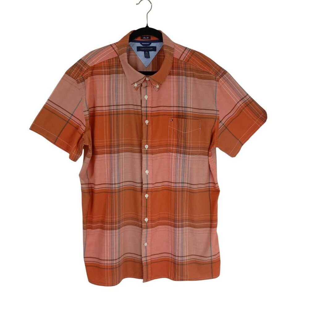 Tommy Hilfiger Slim Fit Orange Plaid Short Sleeve Button-Up Shirt Mens XXL